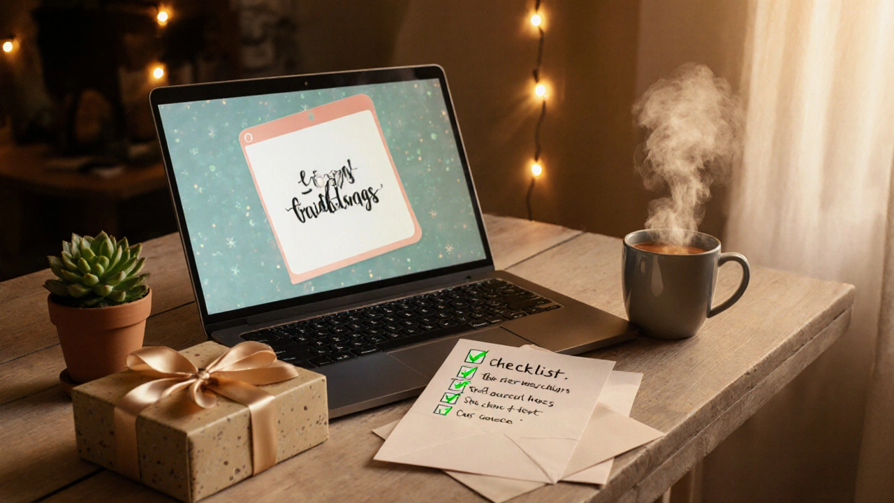 Domácí pracovní stůl s digitální kartou, balíčkem dárku, kontrolním seznamem a teplým světlem.