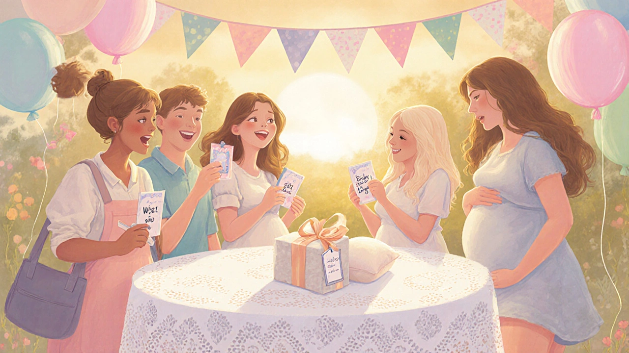 Příjemná baby shower scéna s dárkem, polštářem a šťastnými hosty.