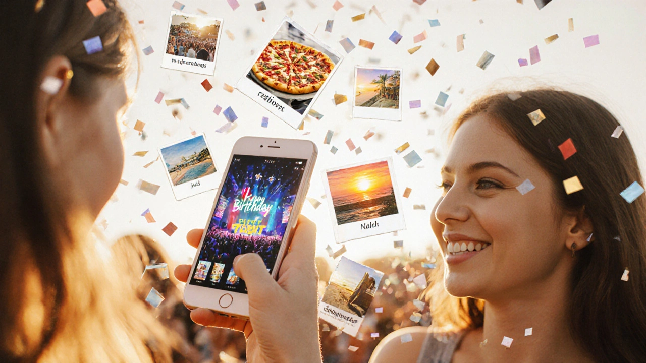 Vodováčná koláž ukazuje smartphon s narozeninovou animací, fotky z festivalu a pláže, konfetí a usmívající se kamarádku.