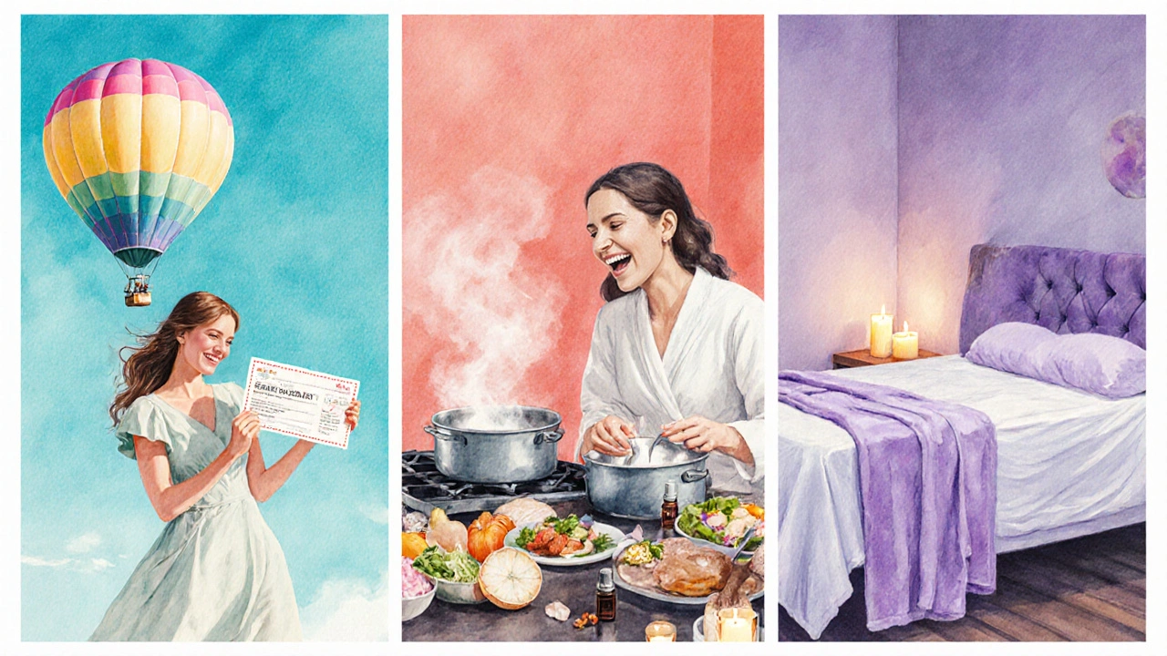Žena dostává voucher na balónový výlet, kurz vaření a wellness, barevná koláž.