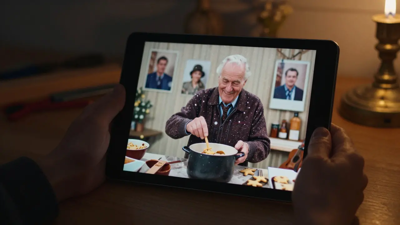 Dědek se usmívá na tabletu, kde se zobrazuje video jeho vaření vánočního cukroví.