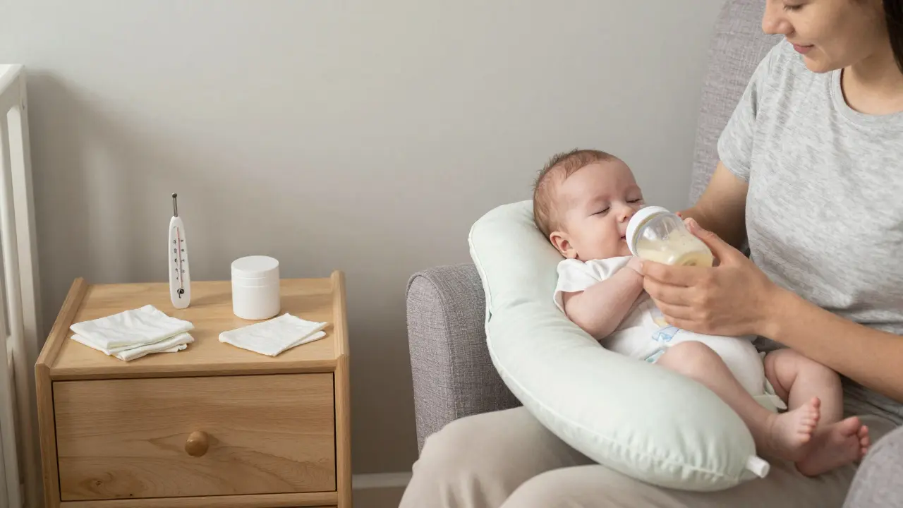 Rodič krmit dítě v pohodlné kojenecké židli s minimem potřebných předmětů.