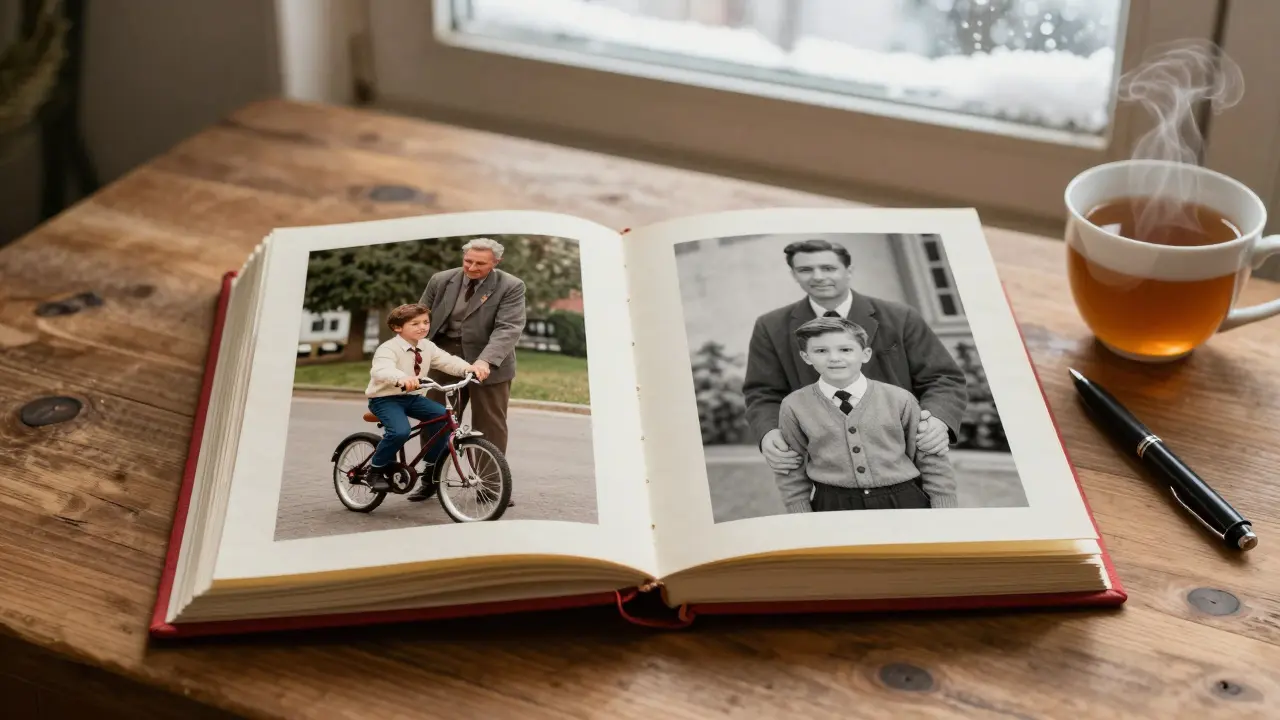 Ručně vytvořené vánoční album s fotografiemi rodiny otevřené na stolu s čajem.