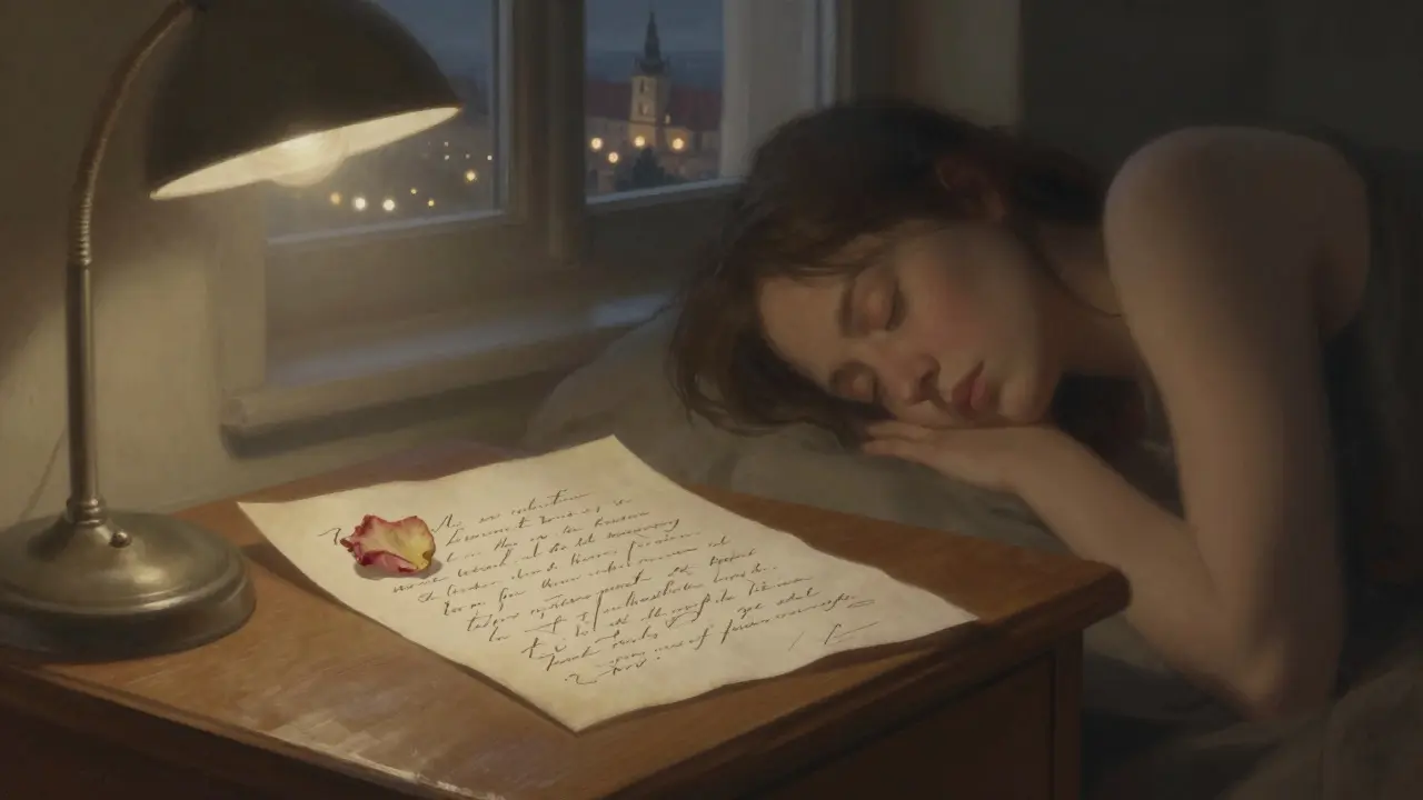 Rukopisný dopis leží na nočním stolku vedle spící osoby.