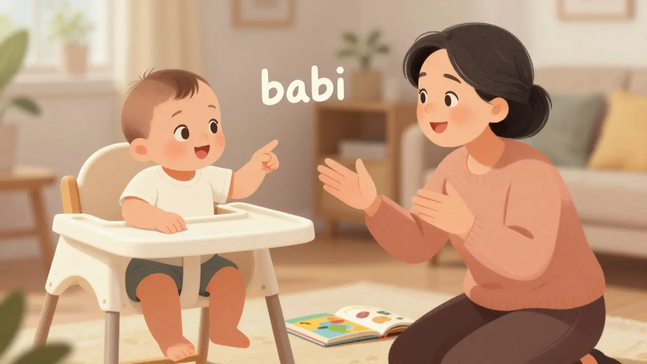 Dítě ukazuje na babičku a říká 'babi', obě tváře plné radosti a přiznání.