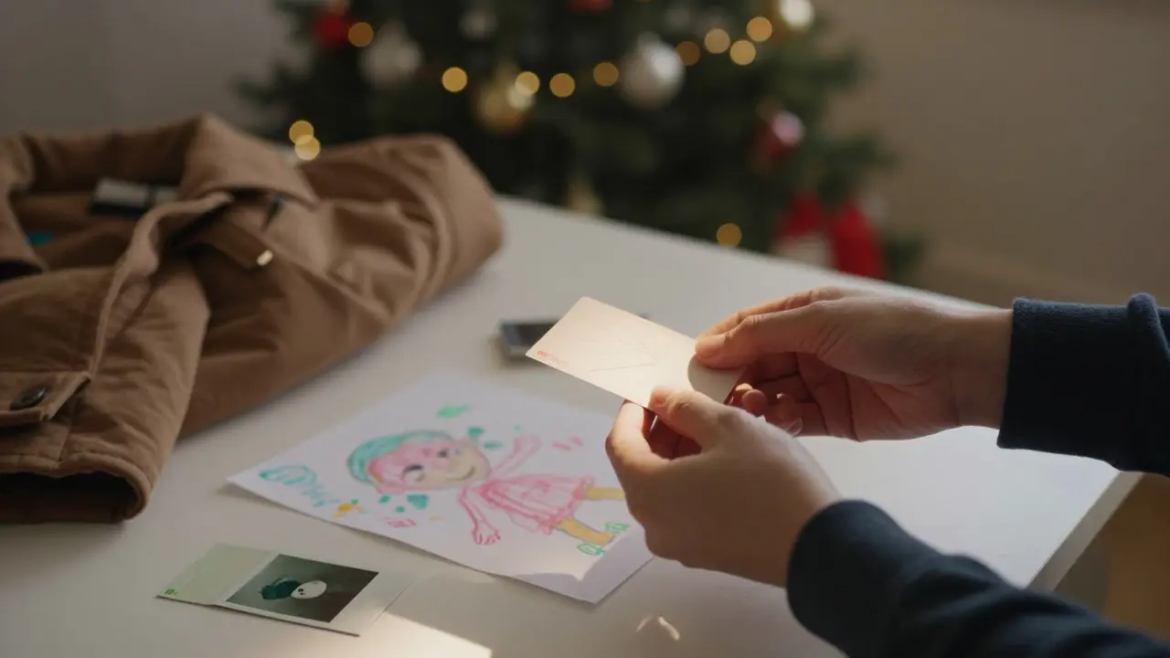 Dvě ruce předávající si vánoční kartu, kolem nich drobné vzpomínky jako fotka a kresba dítěte.