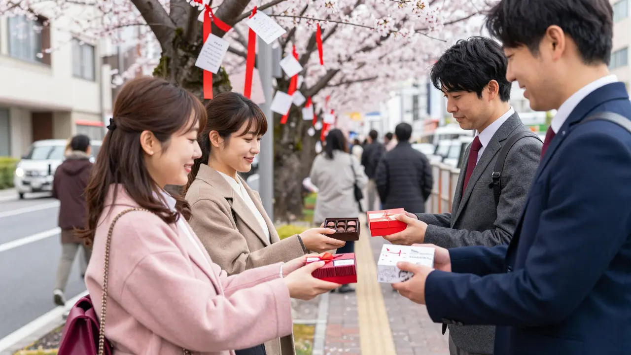 Japonské ženy dají mužům čokoládu na ulici, zatímco papírové přání visí na stromě.