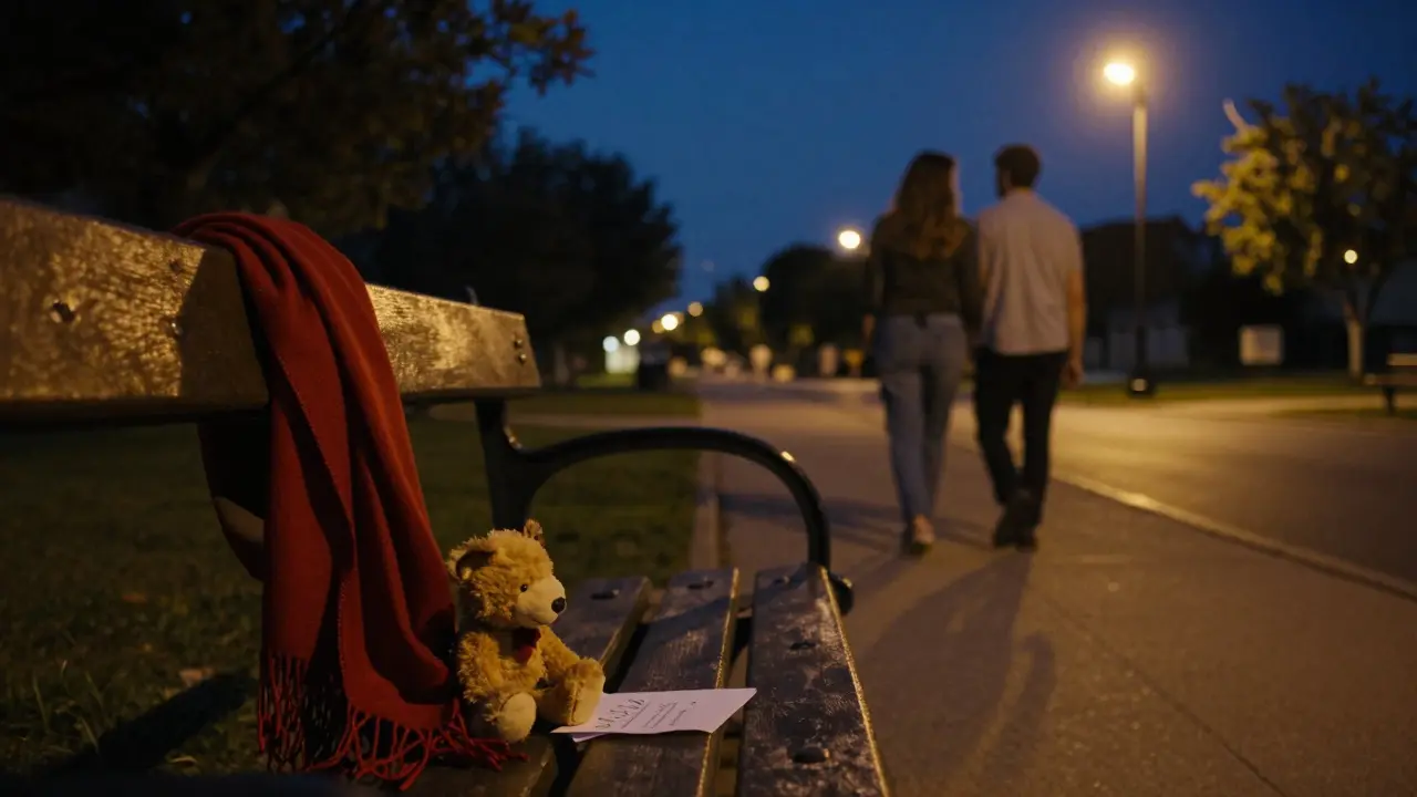 Prázdná lavička v parku s červeným šálkem a hračkou, ve vzdálenosti pár lidí.