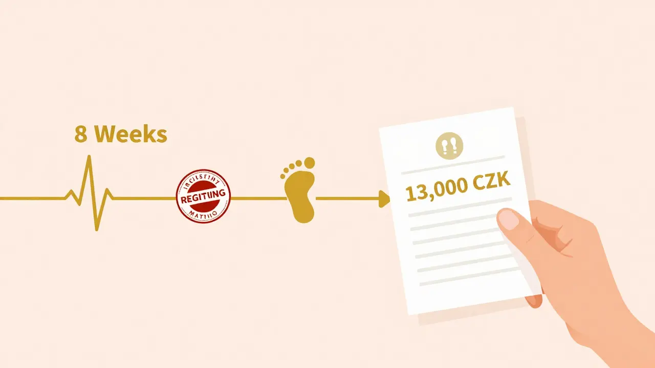 Časová osa ukazující kroky těhotenství od zápisu k výplátě porodného.