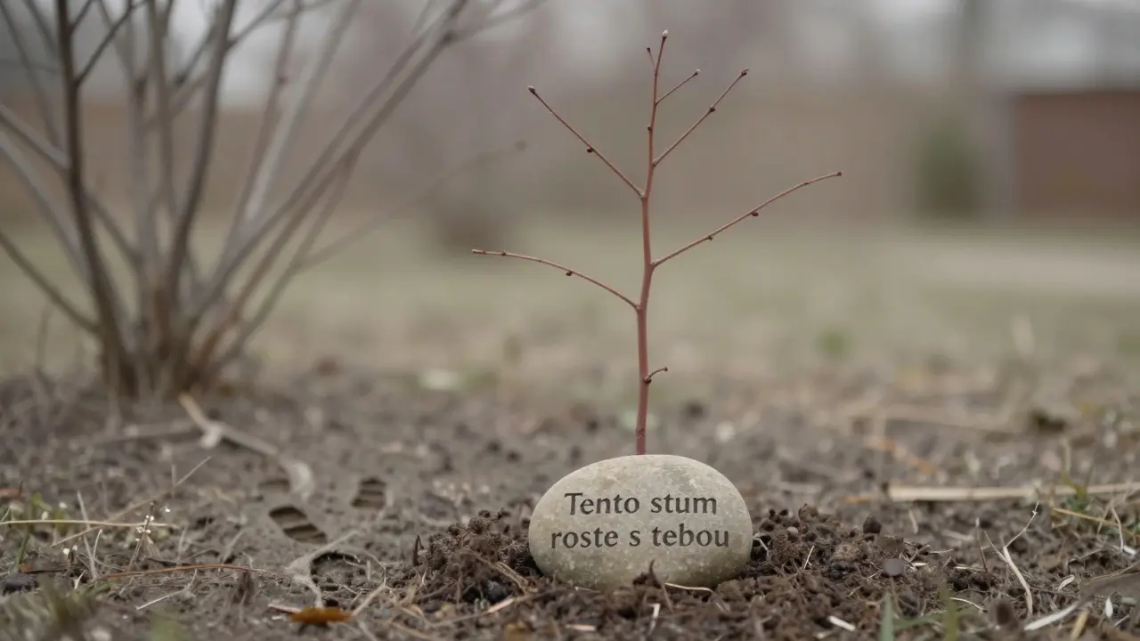 Malý stromek s kamenem, na kterém je napsáno, že roste s dítětem.