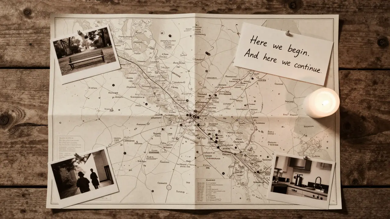 Mapa vzpomínek s malými fotografiemi a rukou psanými poznámkami na dřevěném stole.