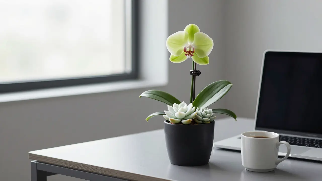Moderní orchideje a sukulenty v černé keramické nádobě na psacím stole