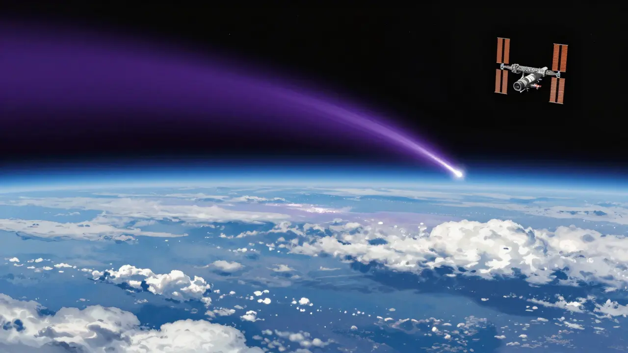 Schématický pohled na vrstvy atmosféry s ISS a shořujícím meteoritem.