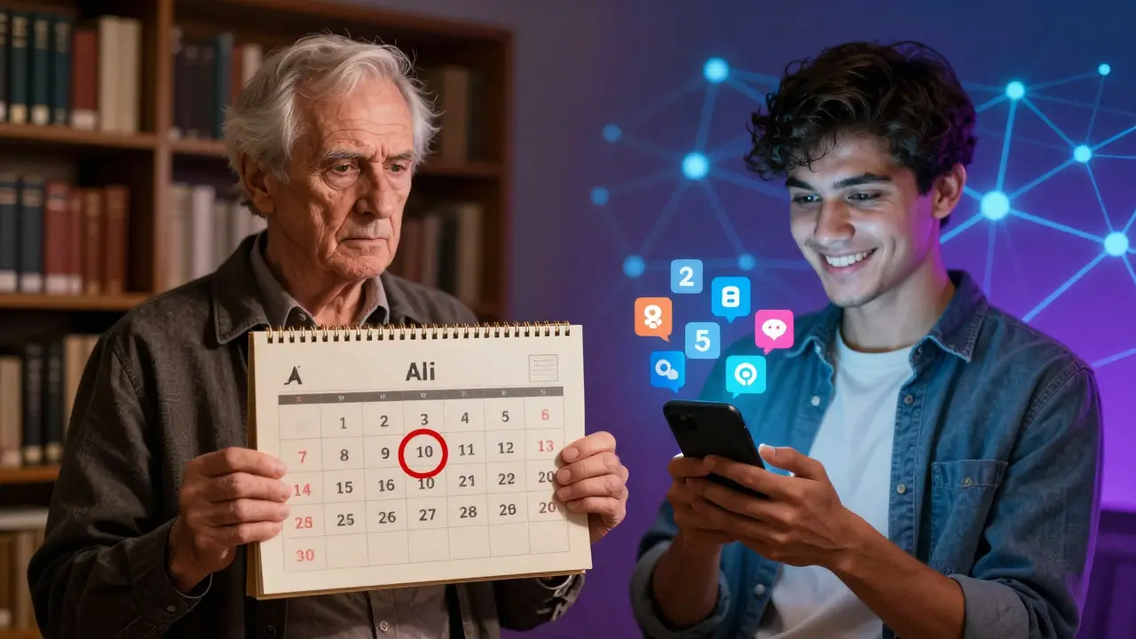 Kontrast mezi starší generací s papírovým kalendářem a mladší s chytrým telefonem.