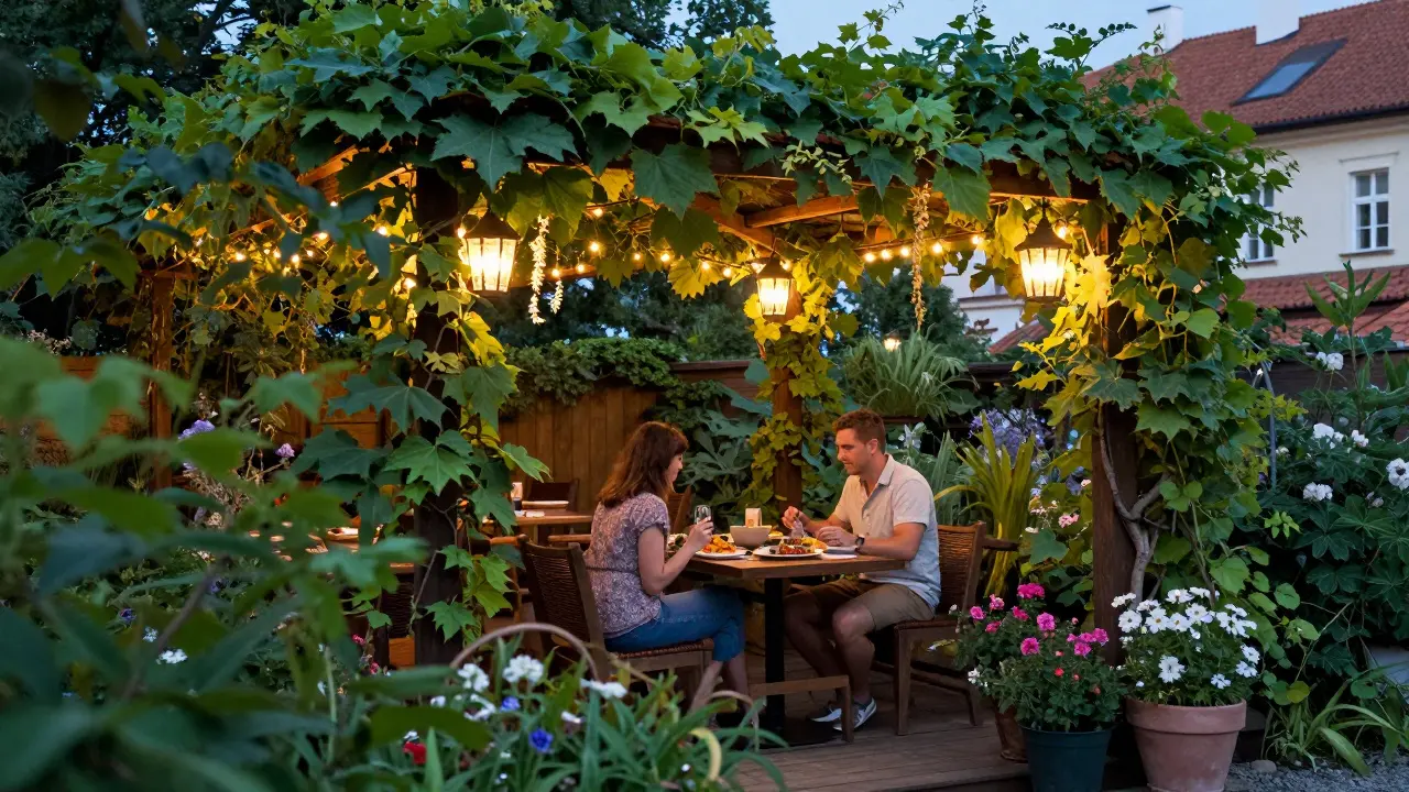 Romantická večeře v zahradní restauraci obklopené zelení