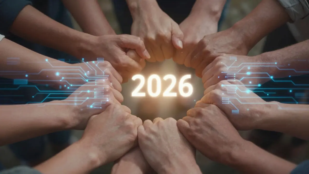 Ruce spojené do kruhu s jemnými digitálními prvky symbolizujícími spojení