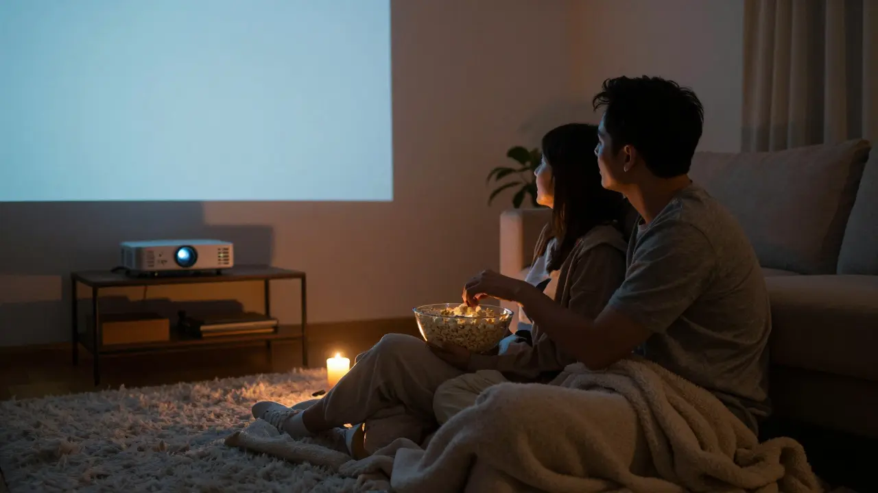 Romantické domácí kino s projekcí a svíčkami