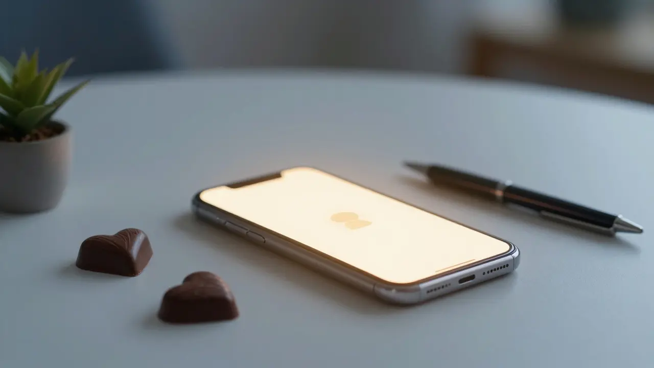 Smartphone s rozsvícenou obrazovkou vedle čokolády a rostlinky