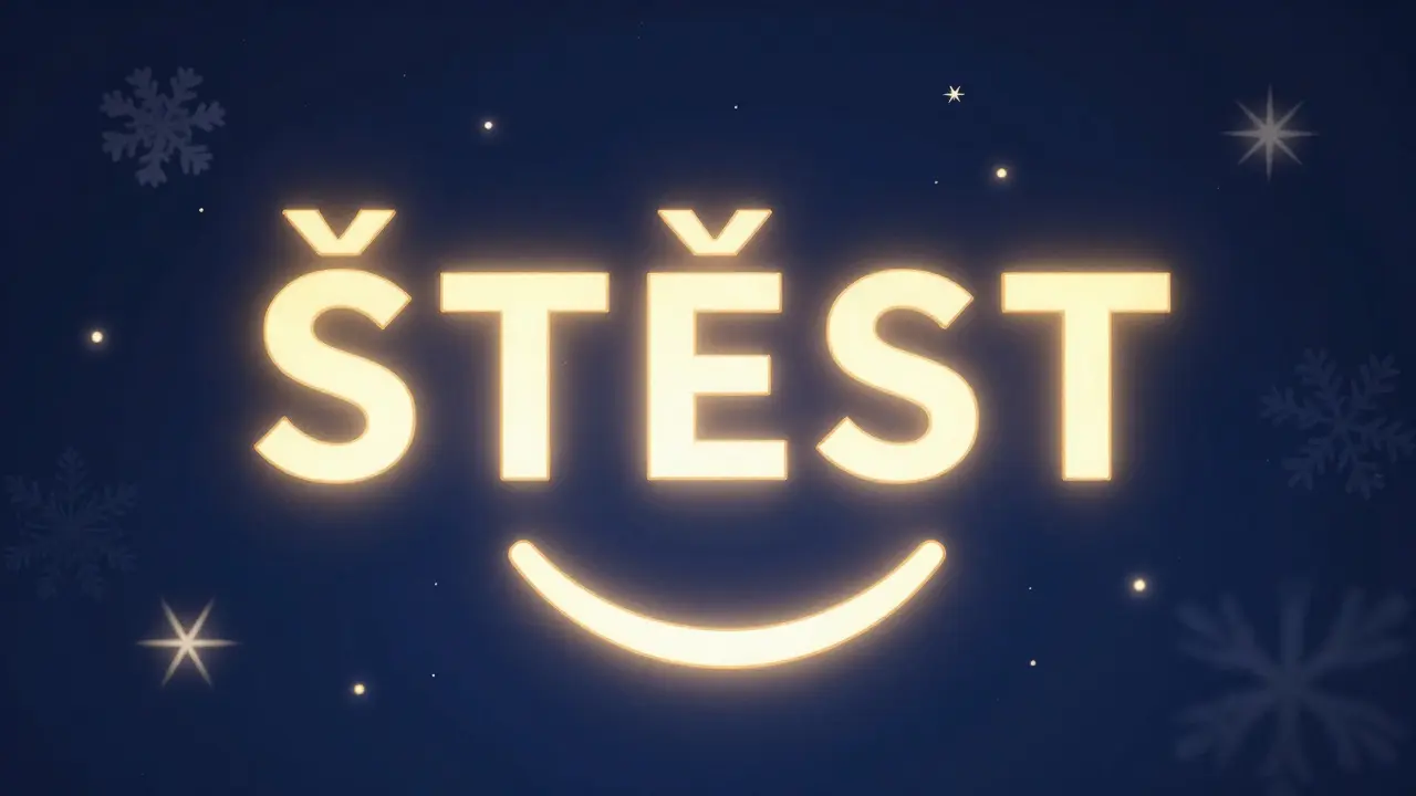Zlatá písmena ŠTĚST ve vzduchu s vánoční atmosférou