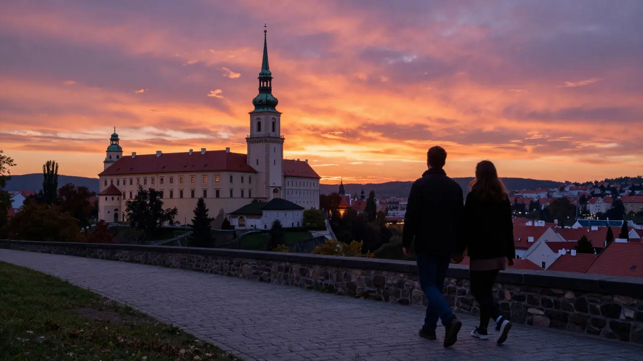 Romantický výhled z hradu Špilberk na západ slunce