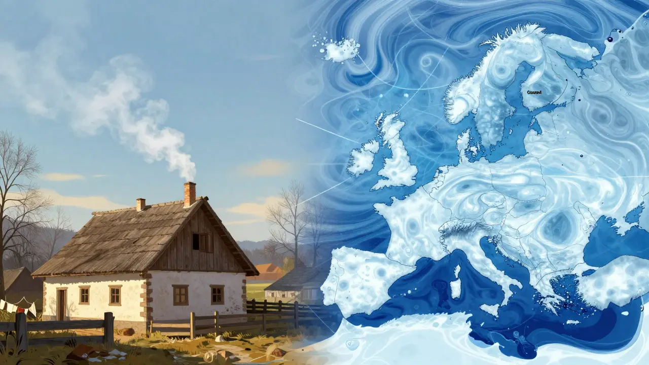 Ilustrace spojující jasné nebe s příchodem studeného vzduchu ze severu