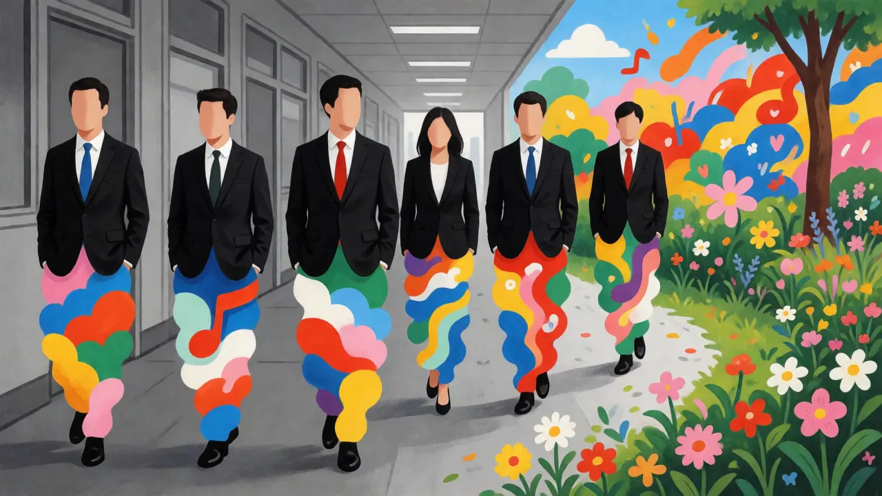Surrealistická ilustrace lidí v oblecích s abstraktními dolními polovinami těla.