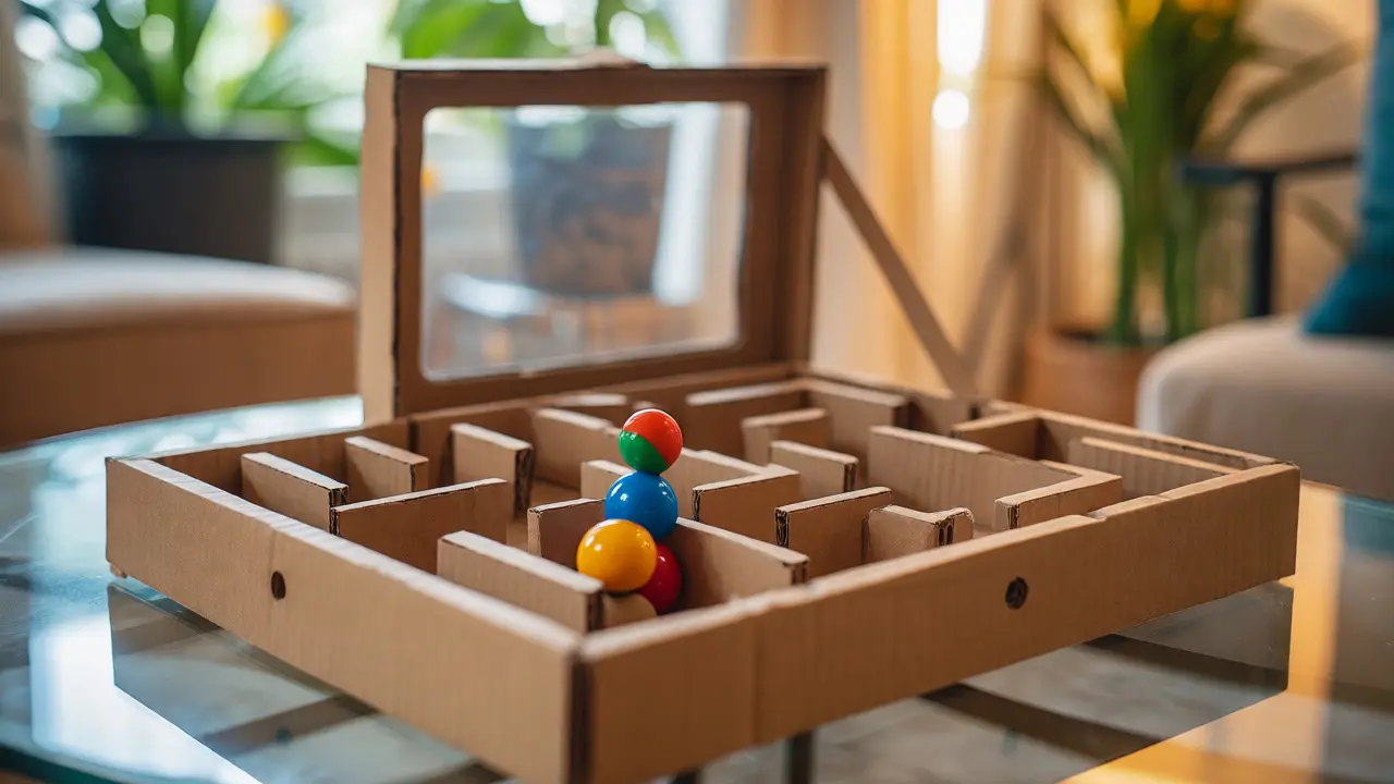 Homemade cardboard maze game box with a marble and hidden voucher