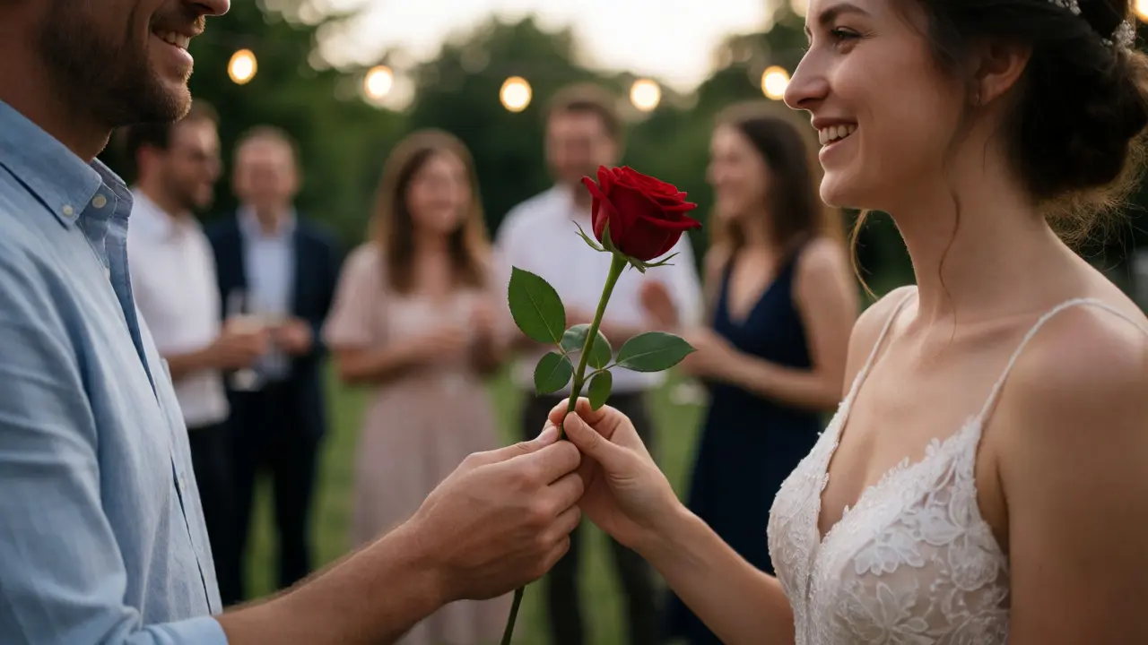 Host předává nevěstě jednu červenou růži na svatbě