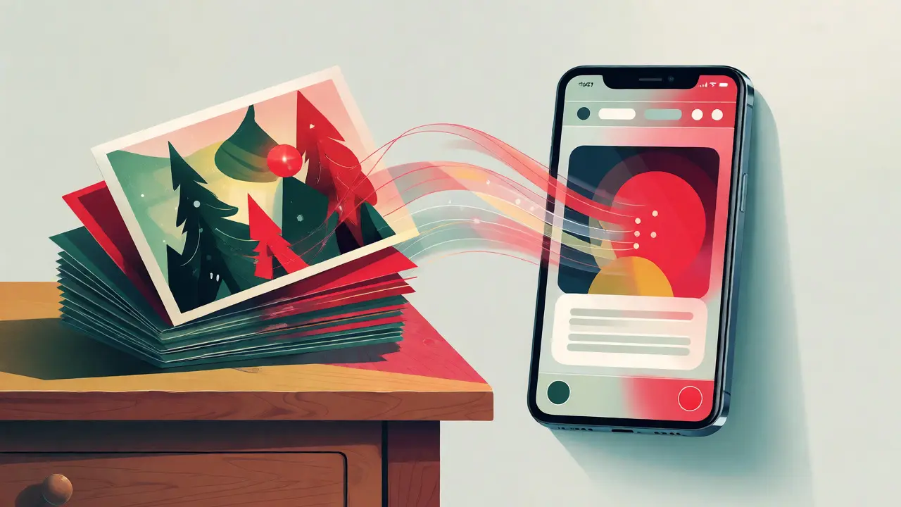 Ilustrace spojující klasické pohlednice s digitální komunikací.