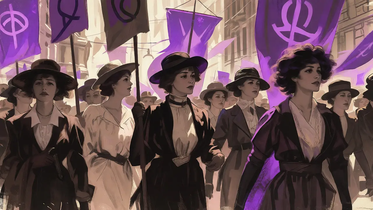 Ilustrace žen pochodujících za práva v historickém oblečení