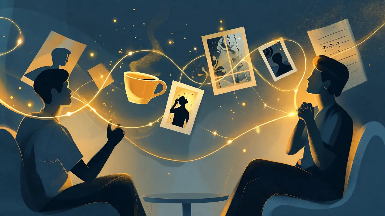 Konceptuální ilustrace zlaté niti spojující vzpomínky páru
