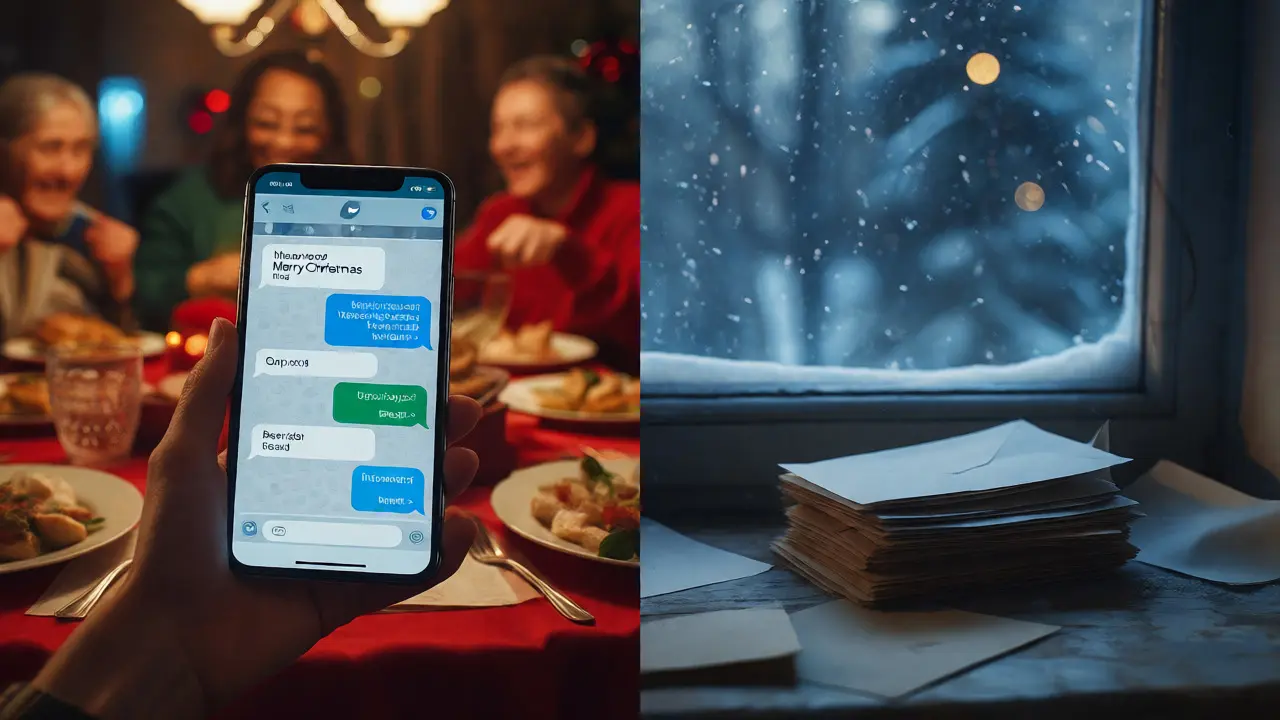 Kontrast mezi digitálním přáním na telefonu a neposlanými kartičkami