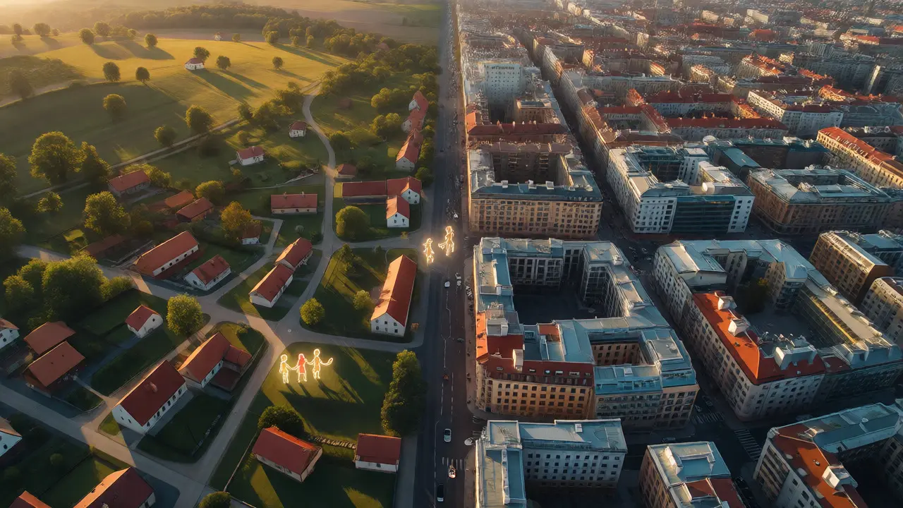 Letecký pohled na rozdílnou krajinu venkova a Prahy ilustrující regionální trendy.