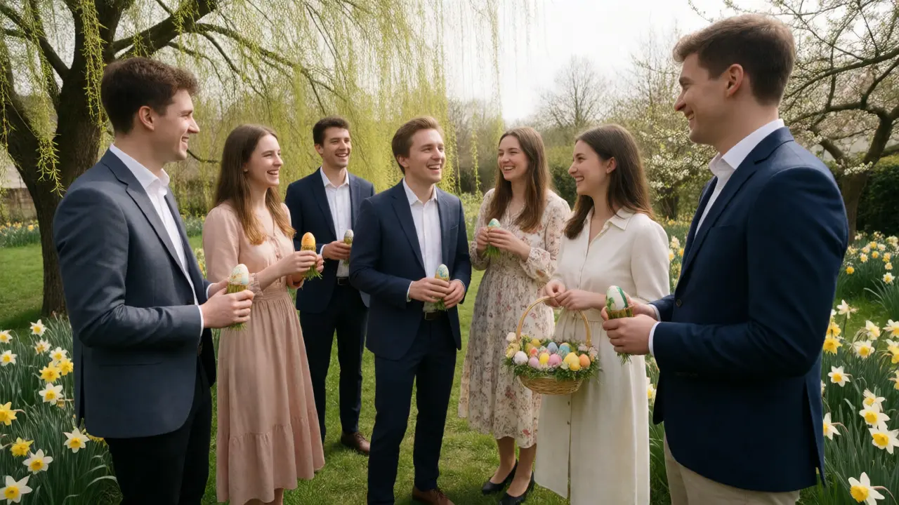 Lidé slaví velikonoční tradici pomlázky venku