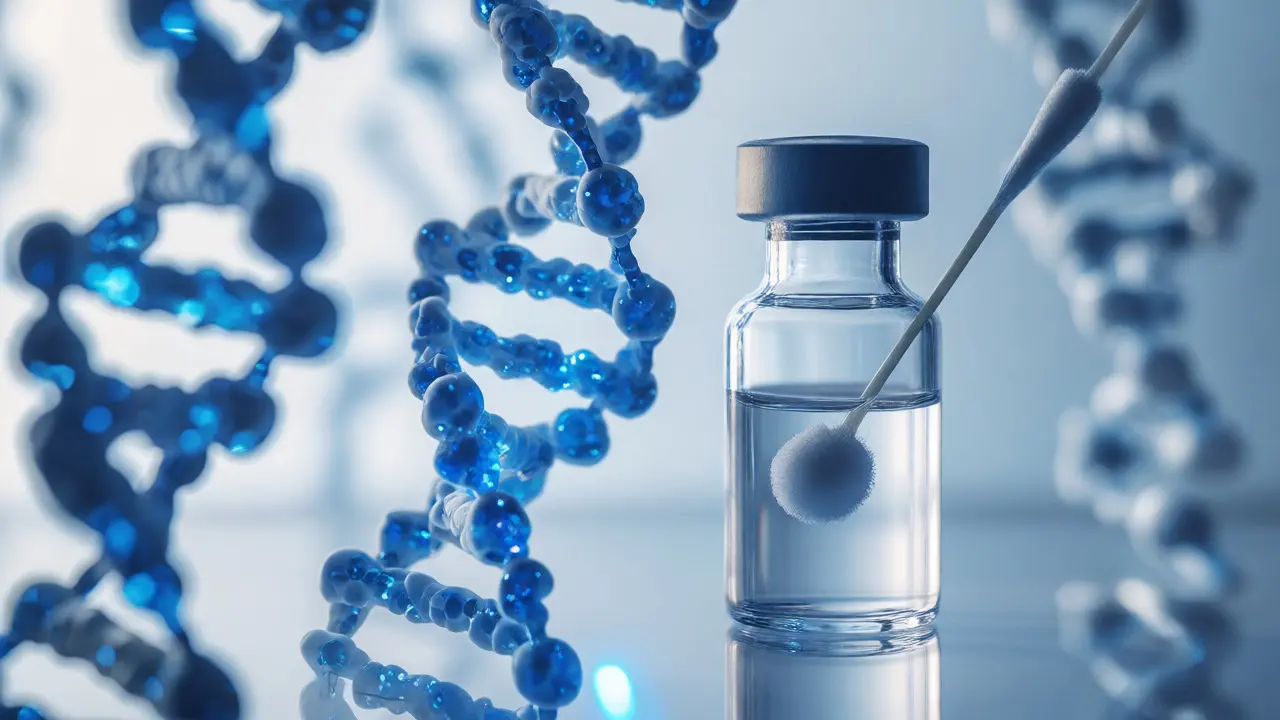 Makro záběr na laboratorní vzorek DNA s pozadím šroubovice
