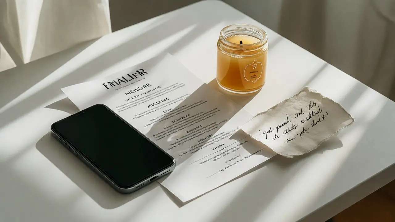 Smartphone, restaurant menu, and handwritten note arranged as a gift