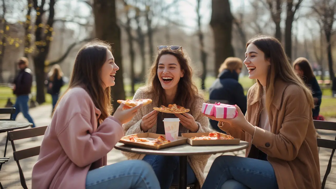 Tři kamarádky slaví Den přátel s pizzou a dárky v kavárně