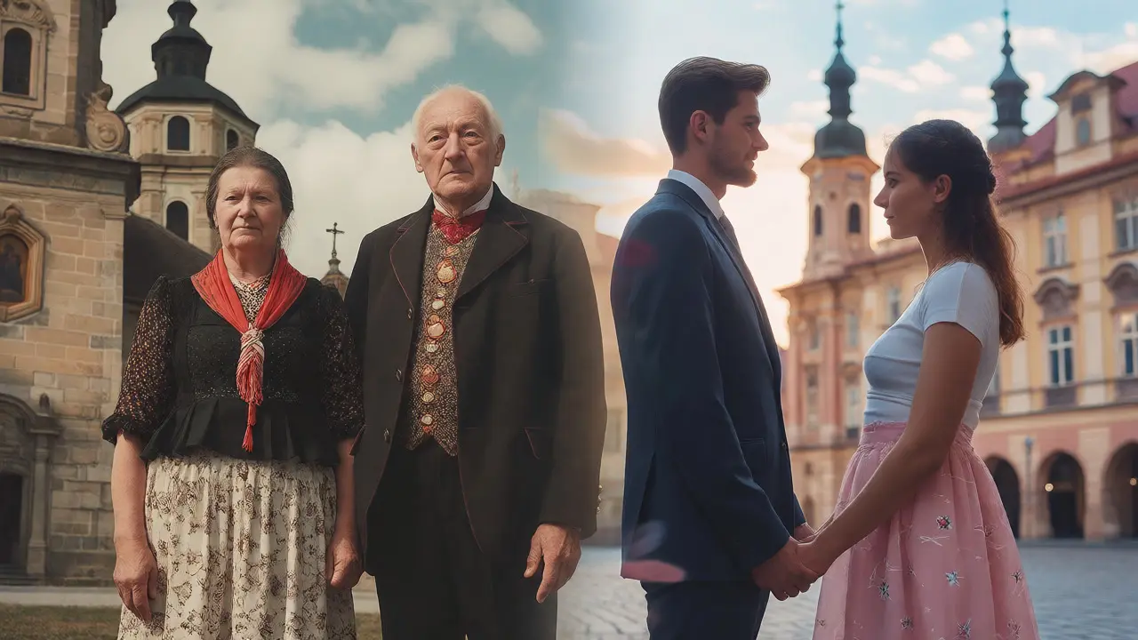 Umělecká kompozice stárnoucích Čechů a moderního páru symbolizující změnu jmen.
