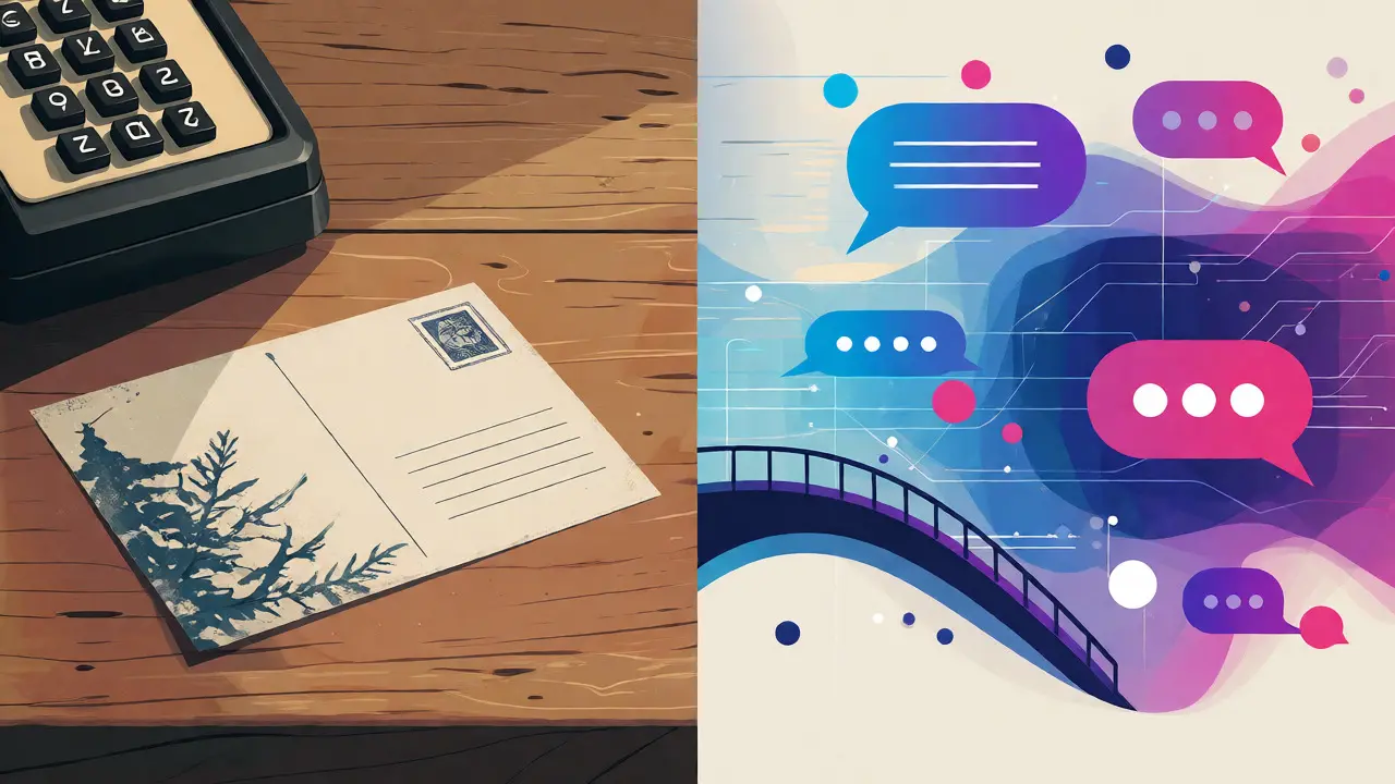 Ilustrace spojující staromódní pohlednici s digitálními zprávami