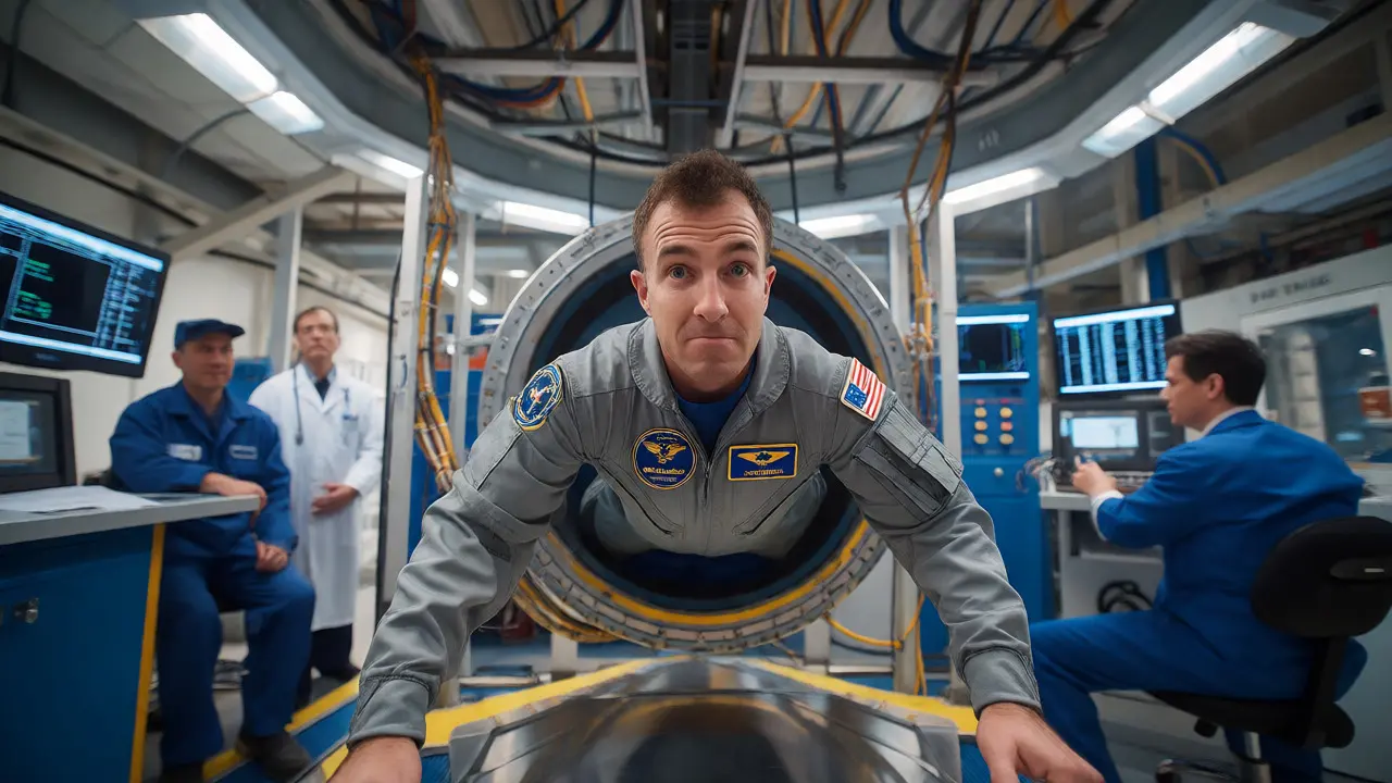 Kandidát na astronauta při tréninku v simulátoru