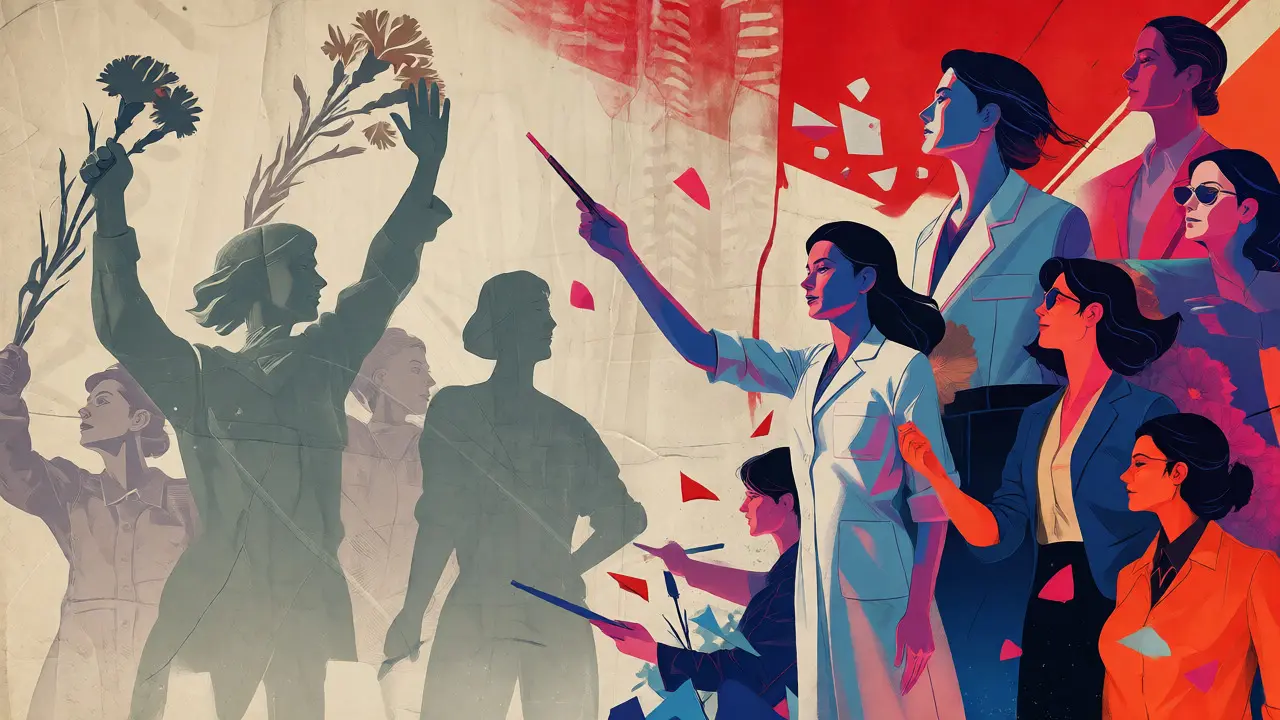 Konceptuální ilustrace spojující historii a současnost boje za rovnost žen