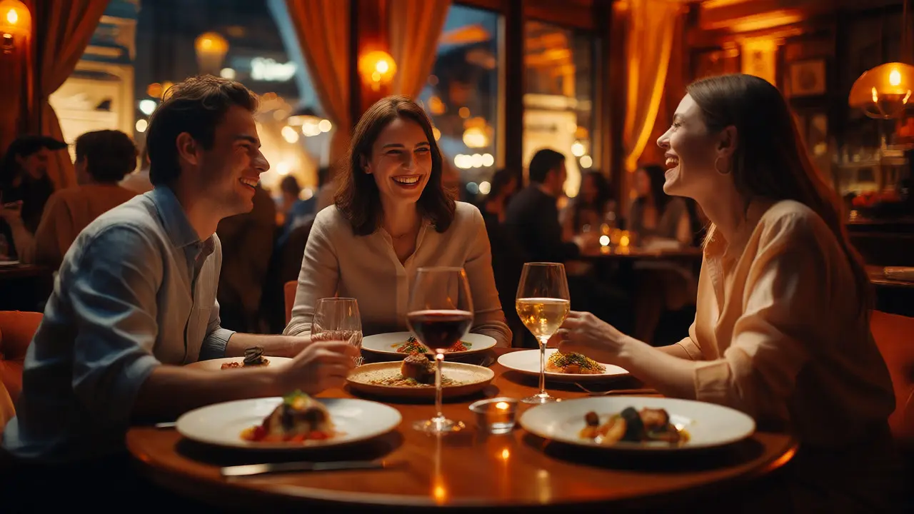 Přátelé se smějí při večeři v restauraci, ilustrující hodnotu zážitkových dárků.