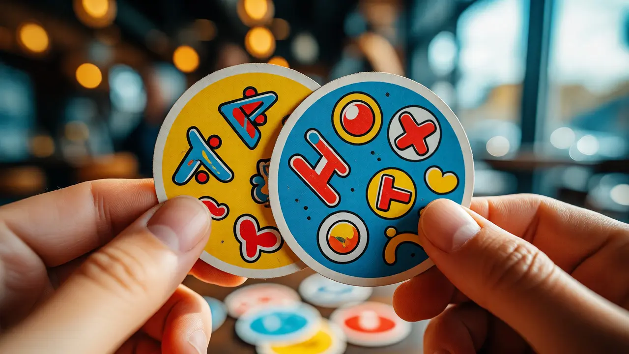 Rychlé hledání shody v kartové hře Dobble mezi dvěma rukama