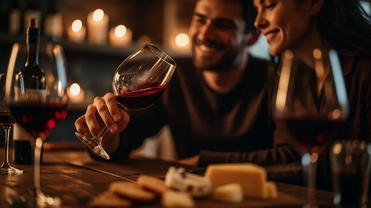 Šťastný muž užívající si degustaci vína s partnerkou.